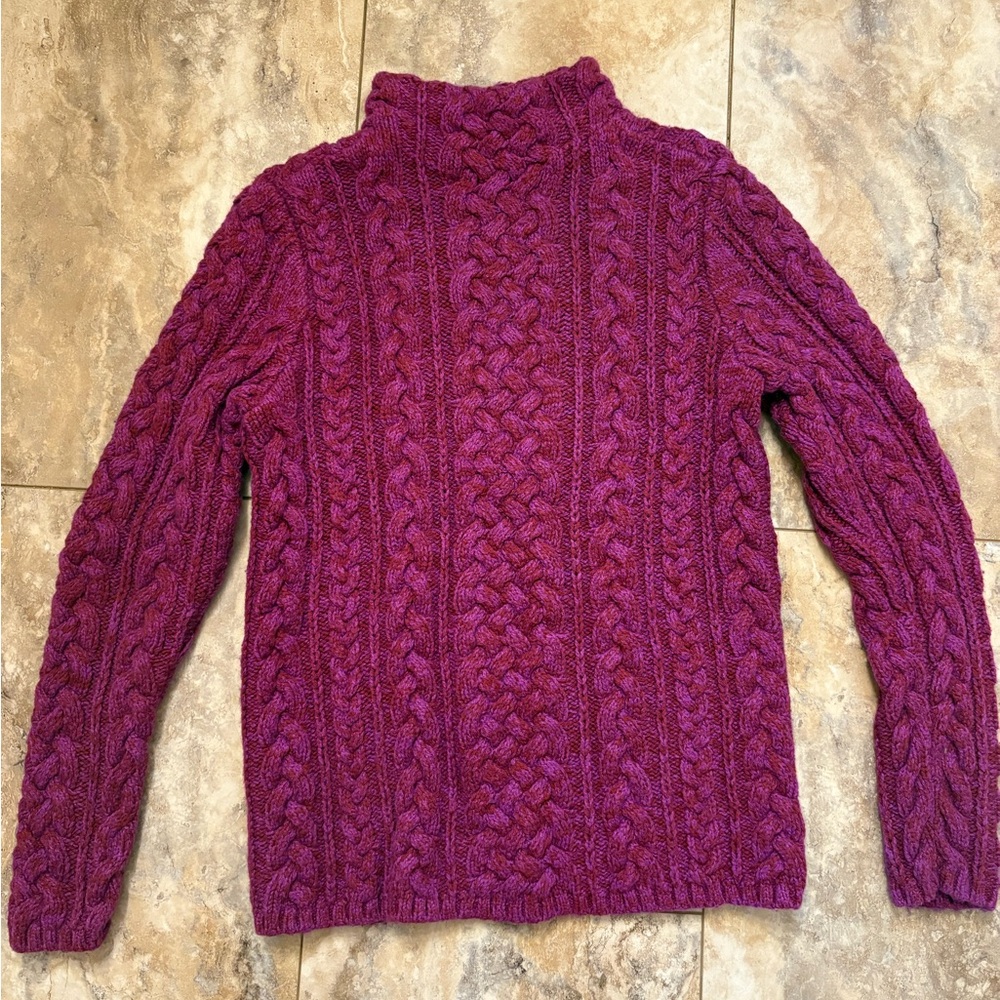 Lands End Wool Blend Mock Neck Cable Knit Sweater Women’s Small Dark Pink/Red